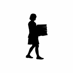 Silhouette of a student carrying heavy books walking to school isolated on white background
