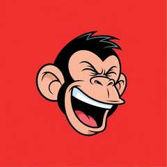 Hilarious cartoon monkey laughing hysterically with joyful expression against vibrant red backdrop, perfect for playful designs and comedic branding projects