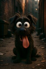 Adorable cartoon dog with tongue out, big eyes, sitting patiently in a gritty urban alleyway, ready for fun and adventure, waiting for playtime