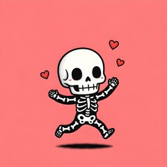 Cute skeleton running with hearts, perfect for Halloween cards, party invitations, or spooky season projects needing a touch of adorable fun