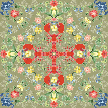 Lobster garden mandala. This pattern uses the iconic silhouette of the lobster as its foundational module, meticulously arranging it within a structured framework of intersecting flowers and waves