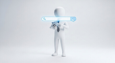 A white stick figure using a mobile phone with a search bar above in front of a white background