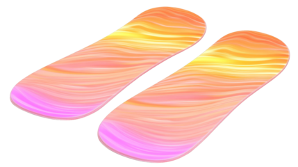 Two vibrant elongated shapes featuring a fluid gradient pattern of pink orange and yellow wavy lines isolate