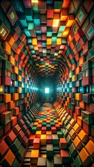 Obraz premium Abstract colorful cube tunnel with glowing light at the end