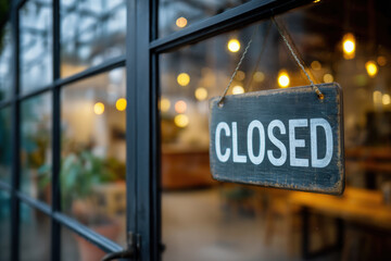Small business cafe with CLOSED sign in focus on glass entrance, blurred empty interior behind