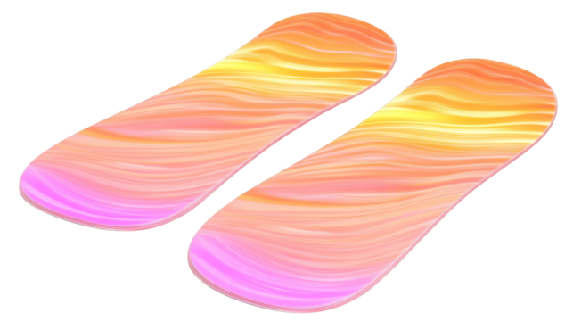 Two vibrant elongated shapes featuring a fluid gradient pattern of pink orange and yellow wavy lines isolate