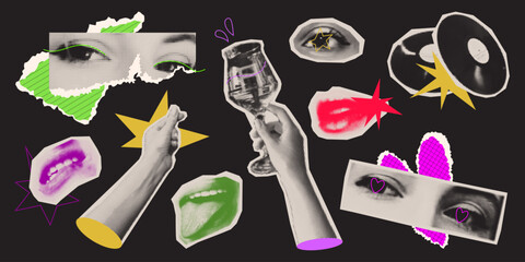 Trendy y2k halftone collage elements with lips, hands and torn paper shapes for digital artwork. Black and white textures, stars and geometric accents for retro poster design or social media graphics.