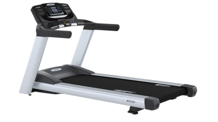 Modern grey and black fitness treadmill with a digital display console and sturdy handrails Exercise equipment isolate