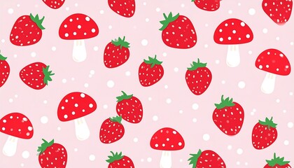 A whimsical pink background with scattered strawberries and red toadstools