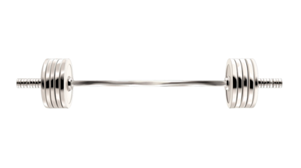 Polished chrome barbell displaying several circular weight plates Essential strength training and gym workout apparatus transparent background