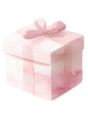 Obraz premium A watercolor painted light pink gift box features a delicate ribbon and bow on top Soft artistic illustration style