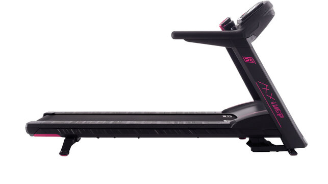 Modern black and pink electric treadmill on a dark background This fitness machine offers cardiovascular exercise