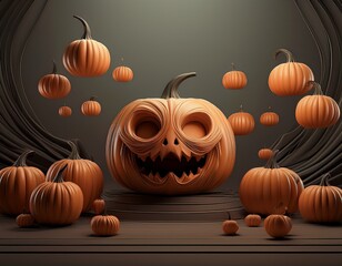 Whimsical Carved Pumpkin Spectacle: An eye-catching collection of carved pumpkins with grinning faces, evoking the spooky essence of Halloween, floats and stands amidst an enigmatic atmosphere.