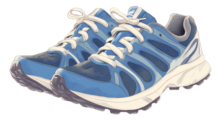 Vibrant blue and white running sneakers illustration featuring textured mesh details and bright white laces Isolate