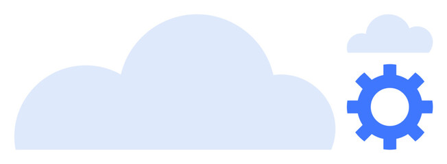 Large and small clouds with a blue gear next to them. Ideal for technology, cloud computing, data storage, system integration, digital services, efficiency, simple flat metaphor
