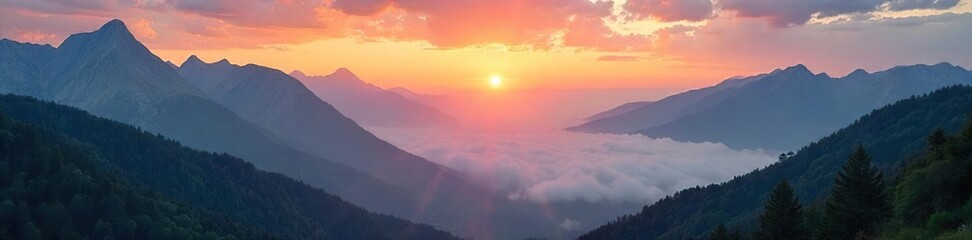 Majestic Dawn Sun Rising Over Misty Mountain Valley, Breathtaking Landscape Photography