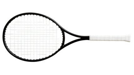 A sleek black tennis racket with taut white strings and a clean white grip positioned horizontally isolate