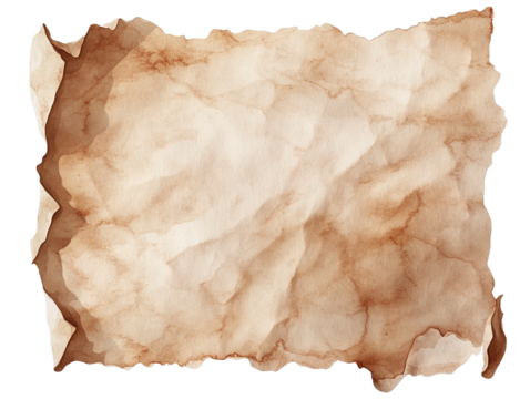 Aged crumpled paper with distressed texture and dark brown water stains showing irregular burnt looking edges Isolate