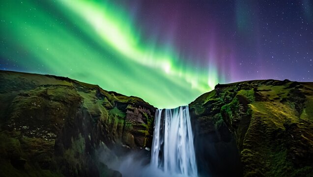 Aurora Borealis Over a Powerful Waterfall in Iceland northern lights night