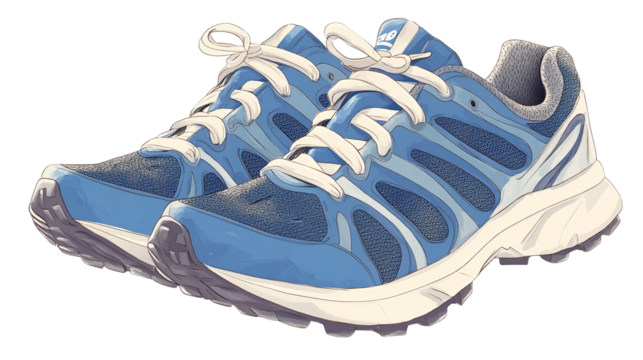 Vibrant blue and white running sneakers illustration featuring textured mesh details and bright white laces Isolate