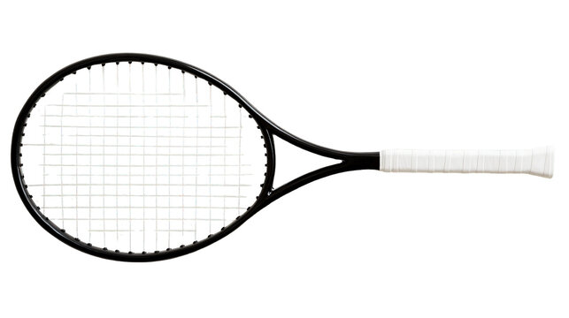 A sleek black tennis racket with taut white strings and a clean white grip positioned horizontally isolate
