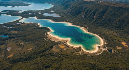 High-angle view of a stunning lake surrounded by lush greenery and a sandy beach, showcasing a tranquil and picturesque landscape.