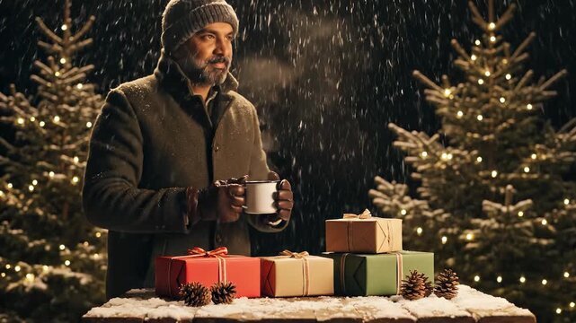 Man warms hands around mug. Snow falls over table with gift and present. Christmas tree glows behind wrapped gift and pine cone. Beard and coat show cold winter ritual. Gift pile and mug echo joy.