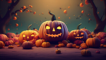 Halloween's Spooky Carvings: Three carved pumpkins, illuminated with eerie lights, set the stage for a spooky Halloween. With a grinning visage, a festive holiday atmosphere is ready to be spread. 