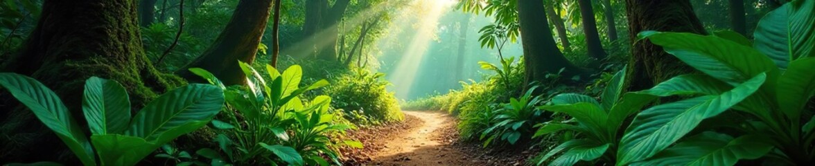Lush Rainforest Path Sunlight Dapples Vibrant Foliage, Discover the Mystery of the Jungle