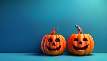Cheerful Jack-o'-Lanterns: Two grinning jack-o'-lanterns exude a playful spooky ambiance. They stand illuminated against a deep blue background.