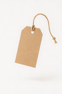 Floating kraft paper tag with rope string isolated on white background, eco-friendly blank label mockup for handmade product, packaging