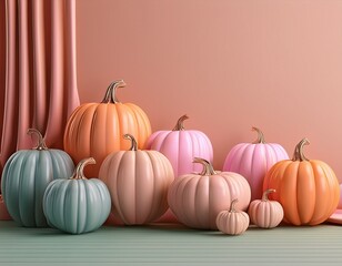 A Symphony of Autumn: A tableau of vibrant pumpkins in varied hues and sizes artfully arranged, celebrating the season's harvest bounty. 