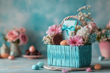 May Day Basket. Beautiful Composition of Gifts for Mother's Day on Blue Background