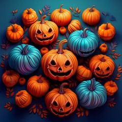 Pumpkin Patch Delight: A whimsical display of carved pumpkins and gourds, evoking the playful spirit of the autumn season. A collection of gourds in vibrant colors and quirky expressions.