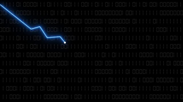 Dramatic bule arrow plunging downward symbolizing financial decline over binary code background implying market crash.