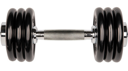 A single adjustable dumbbell with shiny black weight plates and a chrome plated textured grip handle is isolated