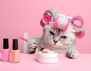 A cat sitting at a vanity table with makeup products, wearing pink hair rollers and holding mascara. Perfect for beauty, cosmetics, and humorous pet-themed designs.
