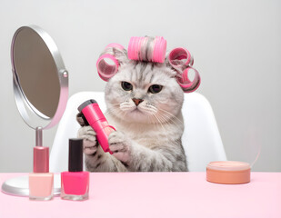 A cat sitting at a vanity table with makeup products, wearing pink hair rollers and holding mascara. Perfect for beauty, cosmetics, and humorous pet-themed designs.