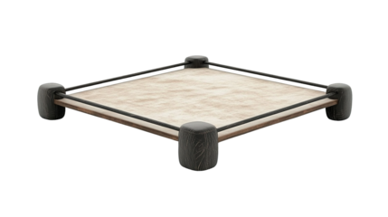 Isometric view of an empty square ring with a light textured canvas mat dark wooden posts and black ropes isolate