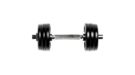 Fototapeta premium Heavy black adjustable dumbbell featuring multiple dark weight plates and a textured silver grip handle isolate