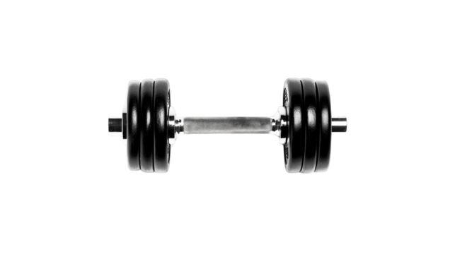 Heavy black adjustable dumbbell featuring multiple dark weight plates and a textured silver grip handle isolate