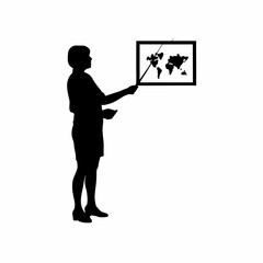 Silhouette of a teacher explaining geography map with pointer isolated on white background