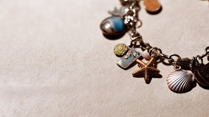 Close-up of retro charm bracelet beach theme jewelry