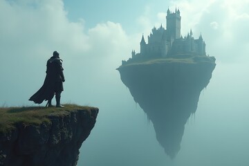 A warrior standing on a floating cliff, staring at a ruined castle on another drifting island.
