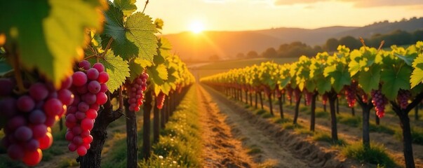 Sun-Ripened Grapes Hanging Heavy on Vine, Ready for Harvest in Picturesque Vineyard