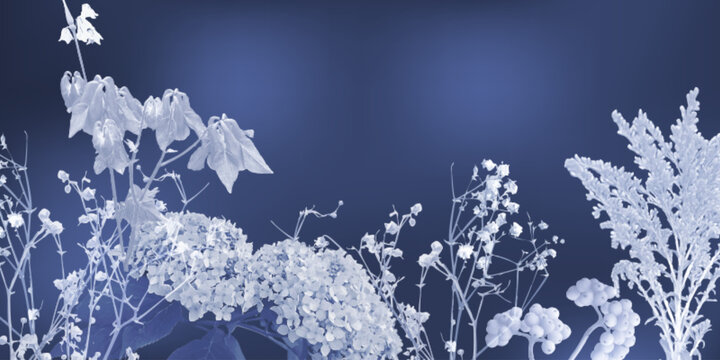 Cyanotype botanical pattern with bleach effect. Hydrangea, rowan berries, plants on deep blue background. Vector illustration of botanical print for vintage wall art. Monochrome nature photography