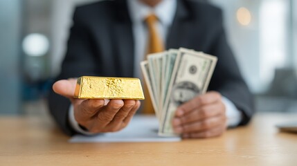 businessman is comparings  gold bars and money.business and finance concept.