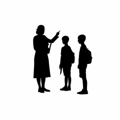 Silhouette of a teacher giving moral lesson to students isolated on white background