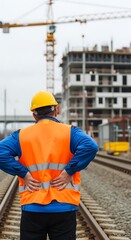 Construction worker with back pain safety vest hard hat