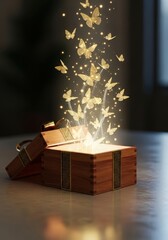 Fototapeta premium Magical wooden chest opening with golden butterflies and sparkling light emerging